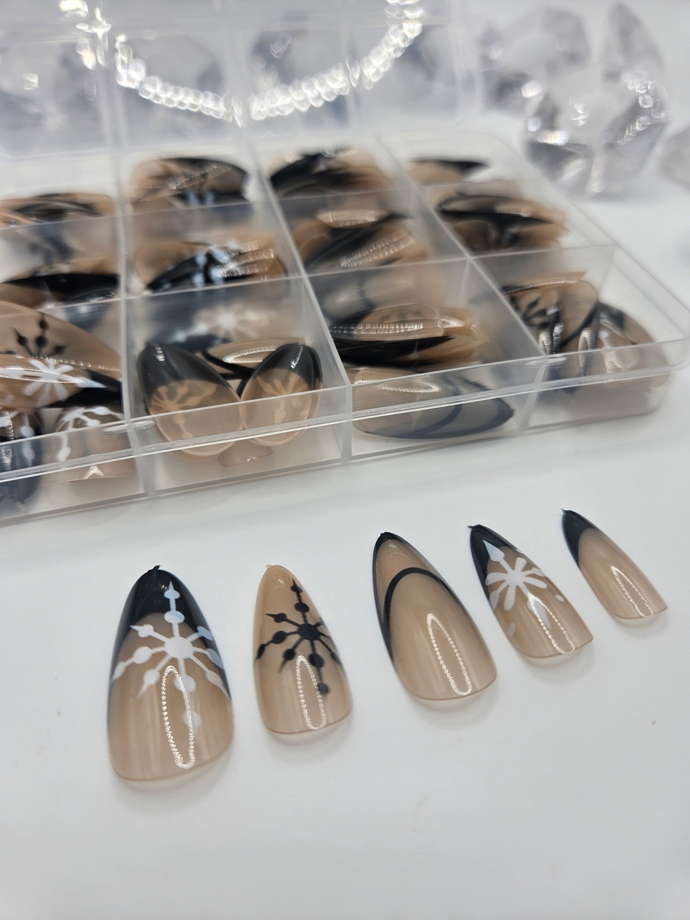 Neutral Beige & Black French Tip Press-On Nails with Snowflake Art